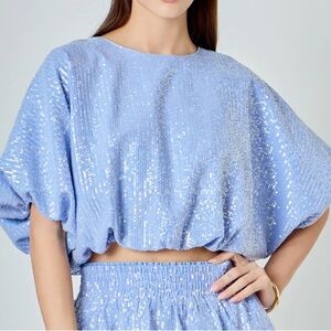 NWT Endless Rose Blue Sequin Women's Puff Top L